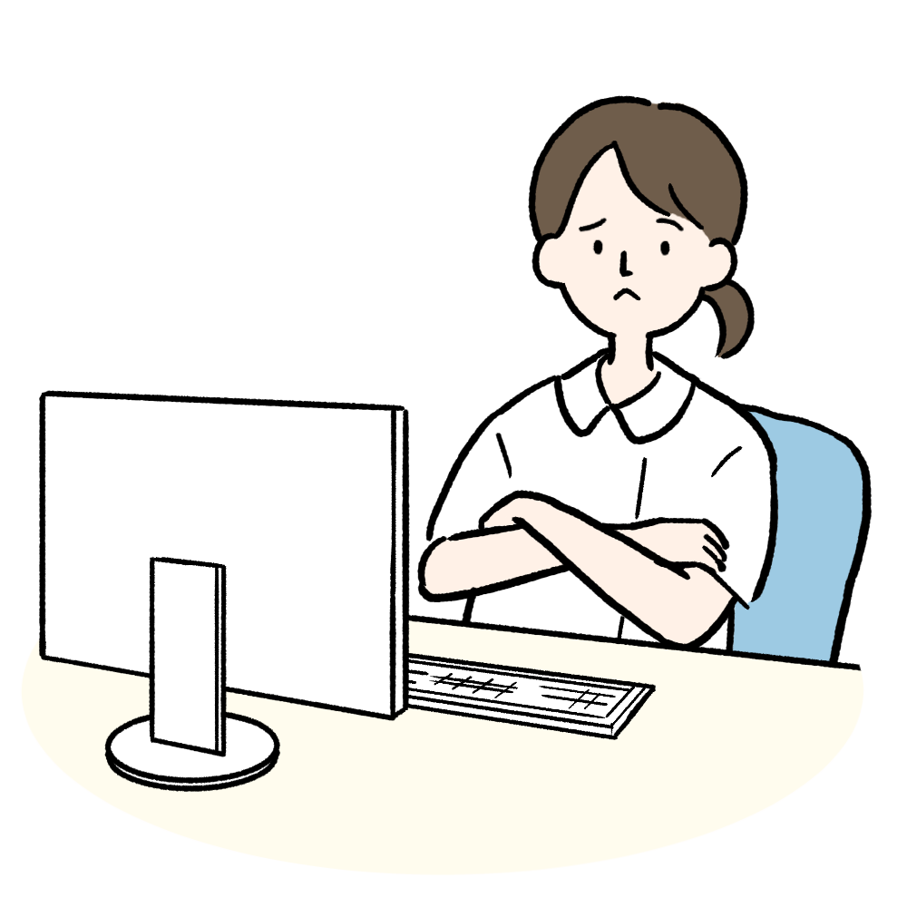 PCの前で悩む看護師のイラスト